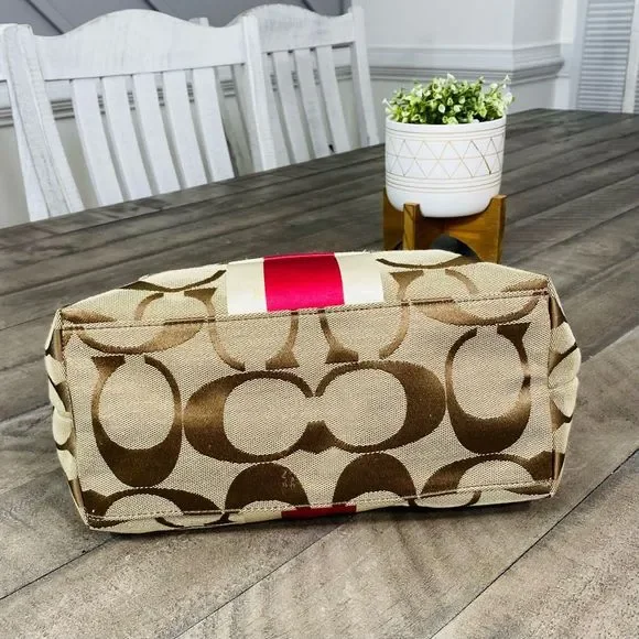 Coach Signatur Hamptons Weekend Khaki Pink Signature Stripe Tote Purse 10055 - Picture 5 of 8